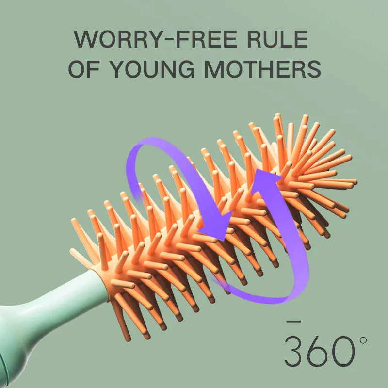 Pink electric bottle brush with rotating silicone head for cleaning baby bottles and pacifiers