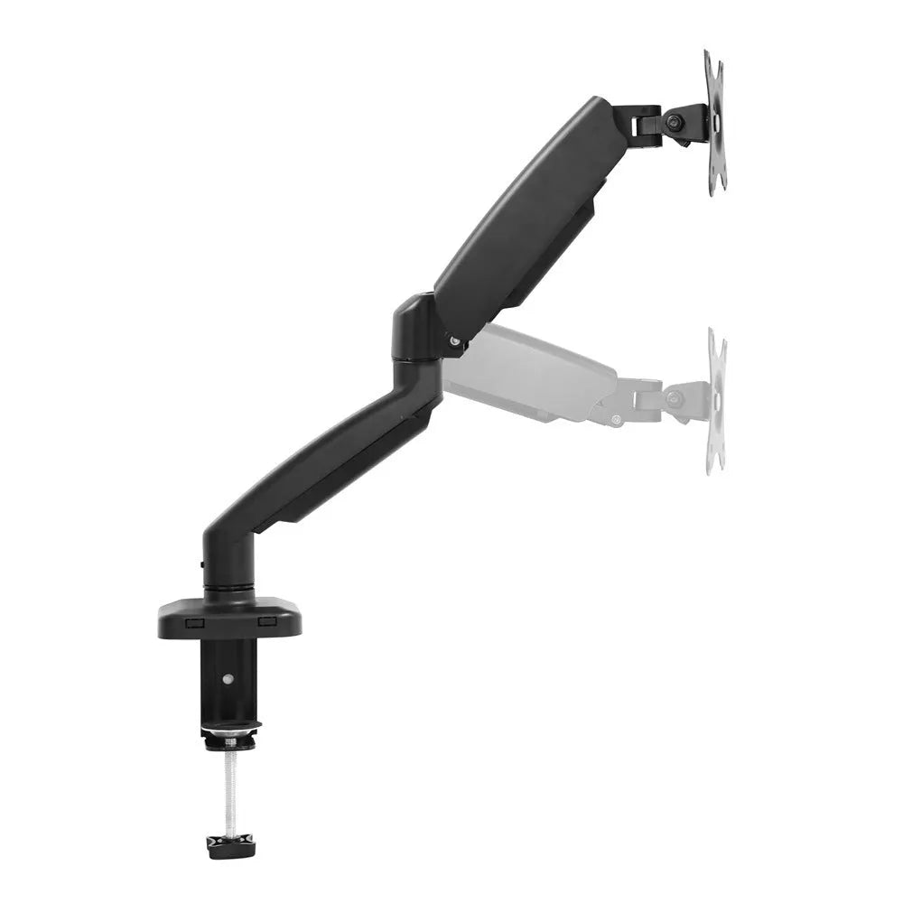 Black adjustable LCD monitor desk bracket extended beside a white version on a wooden desk.