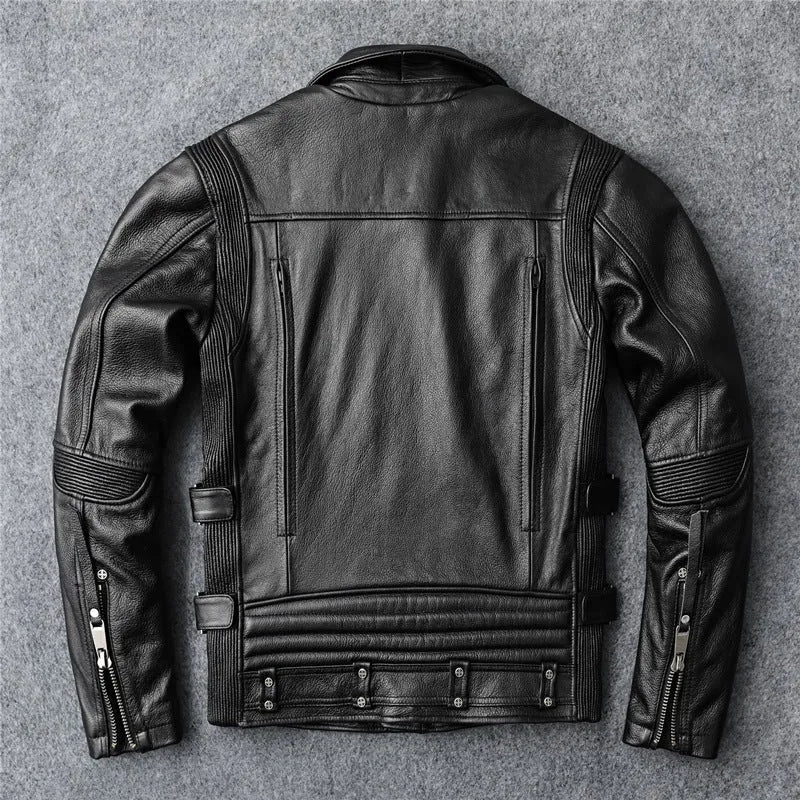 Men's slim fit black first layer cowhide biker's leather jacket with straight hem