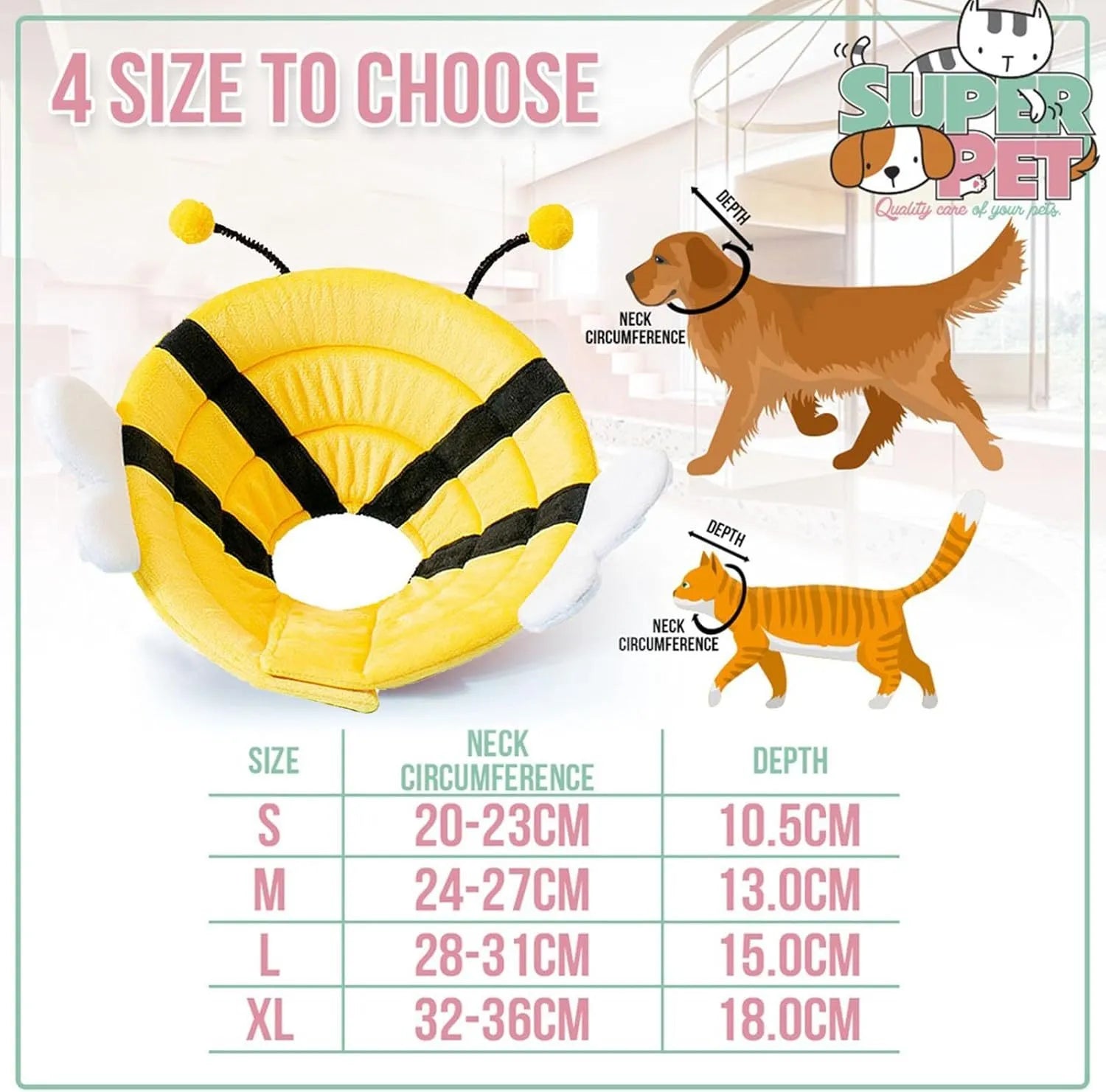 Soft cat cone collar with cute bee design showing Velcro closure for adjustable sizing