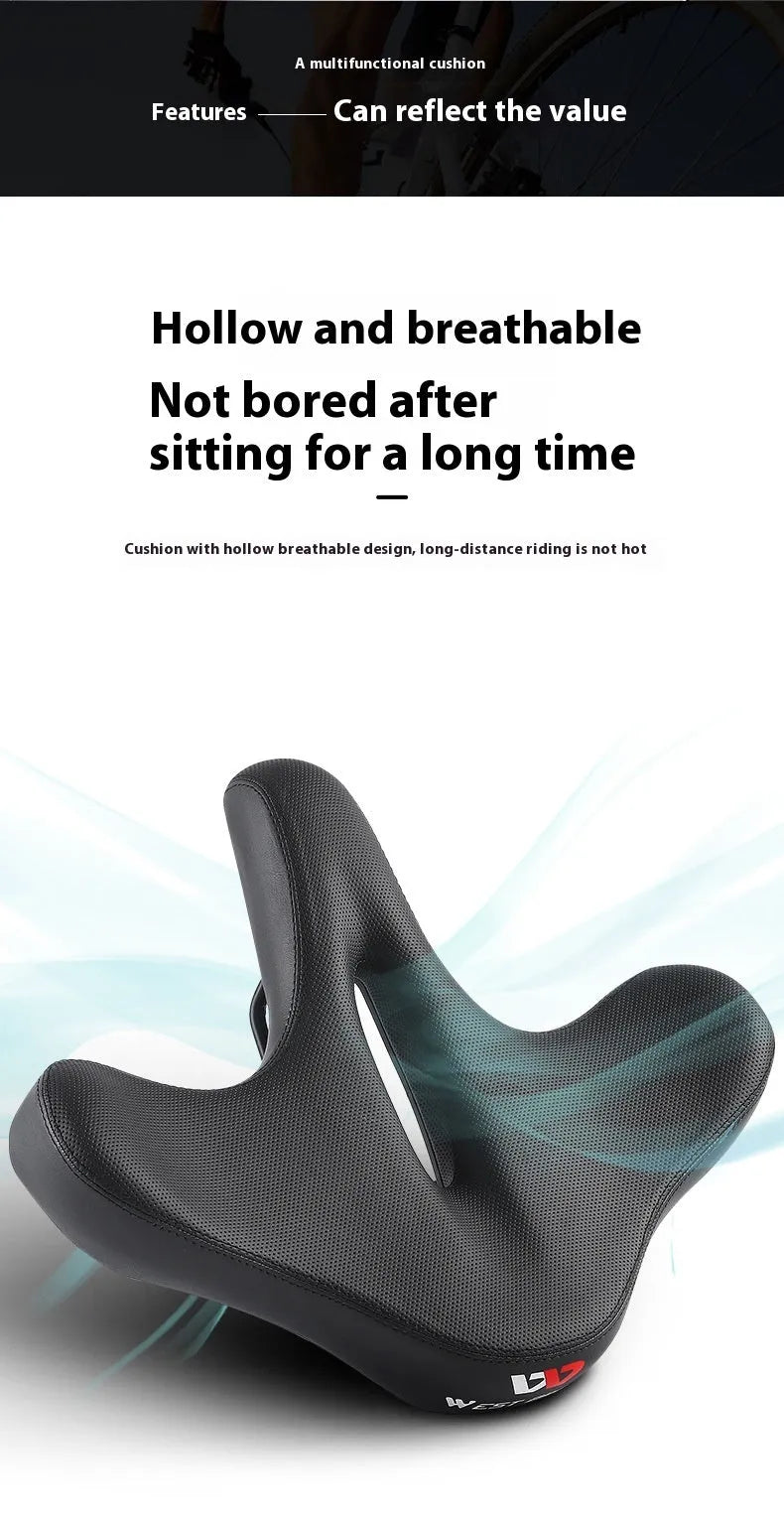 Black bicycle saddle cushion with thickened foam padding for shock absorption.