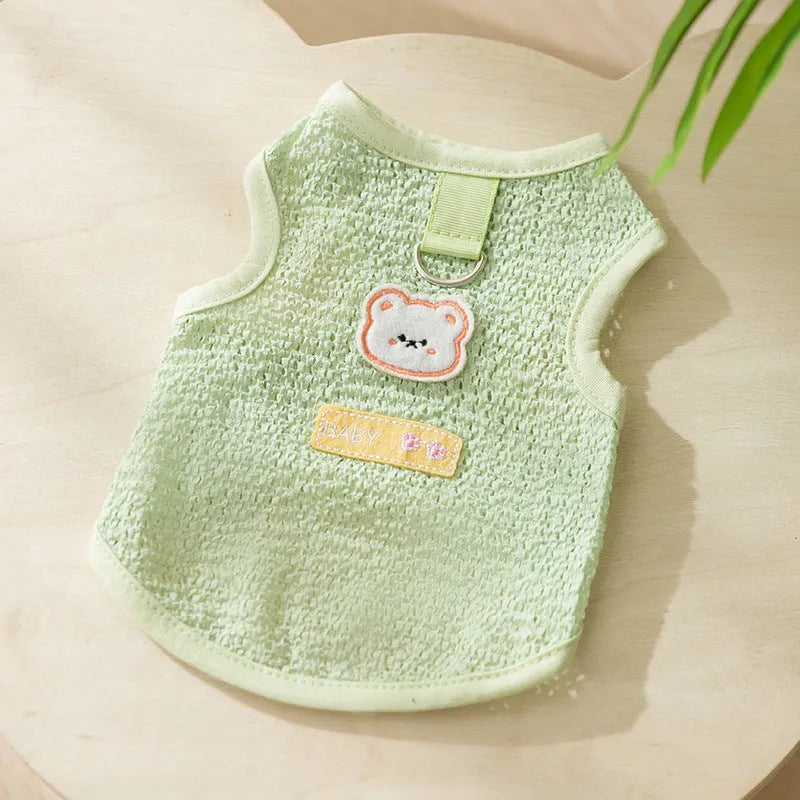 Breathable hollowed-out cat clothes with a cartoon bear patch in blue.