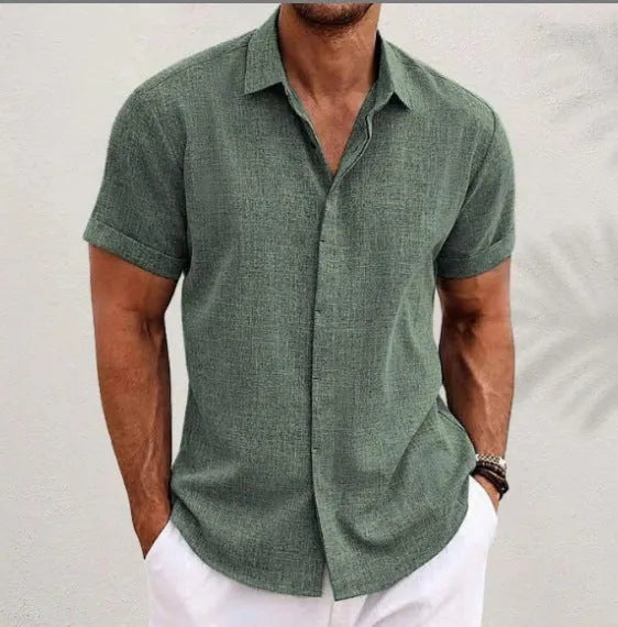 Men's light grey loose-fit cotton blend cardigan with a lapels collar and long sleeves laid flat.