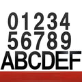 Black stainless steel sticky house numbers and letters, each 7.5cm high, on a white background.