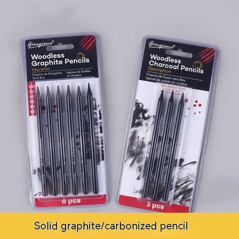 Set of six graphite and three carbonised drawing pencils on suction card packaging