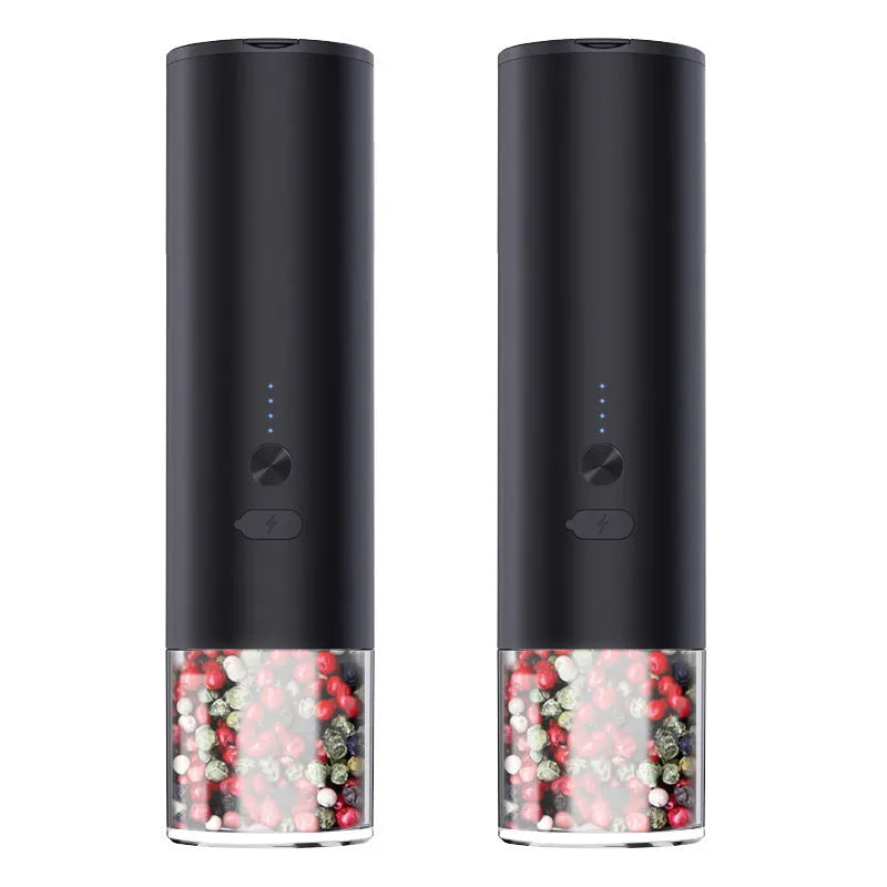 White electric salt and pepper grinder with clear glass jar and LED light