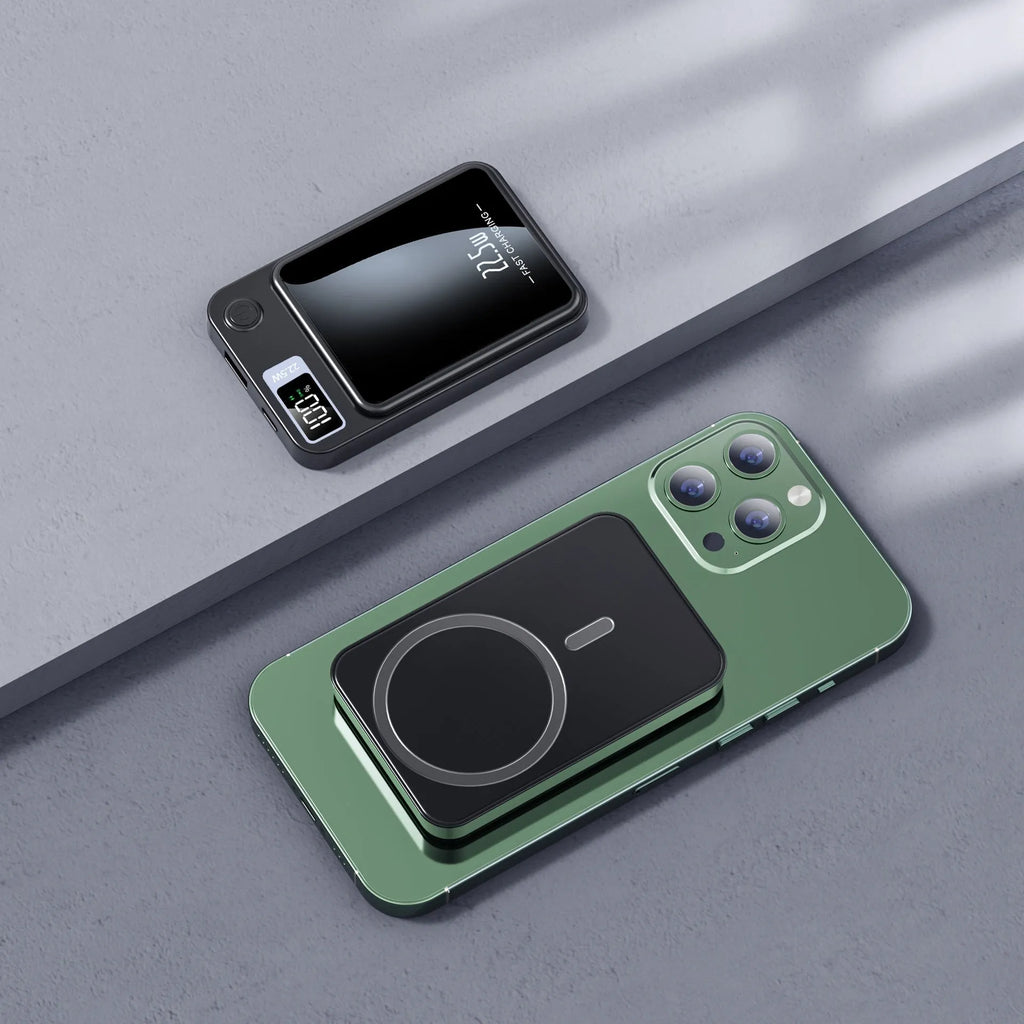 Wireless power bank with MagSafe compatibility in black, white, purple, and green colour options showing compact plastic design