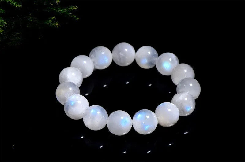 Natural blue moonstone bead bracelet with round geometry-shaped beads on wrist