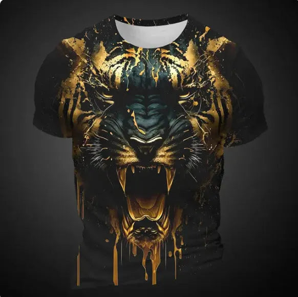 Men's grey T-shirt with a detailed 3D tiger head graphic print on the front