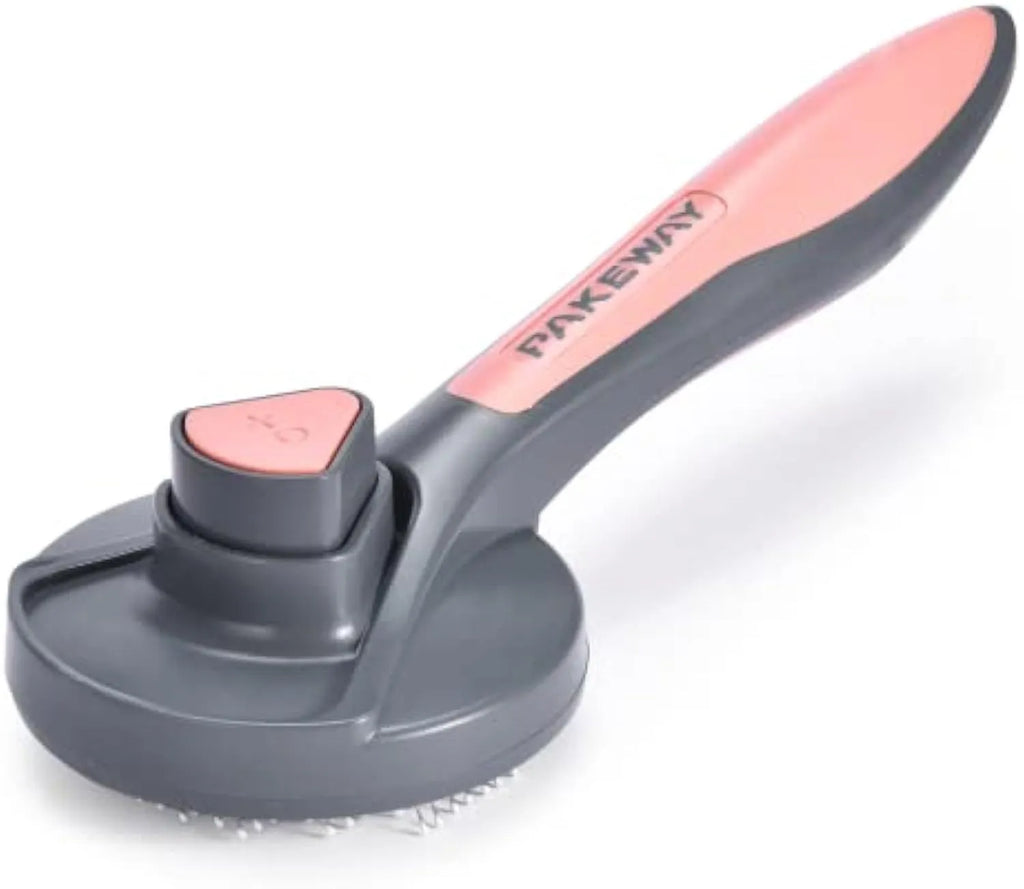 Grey self-cleaning slicker brush for pets with a comfort-grip handle and one-touch cleaning button.