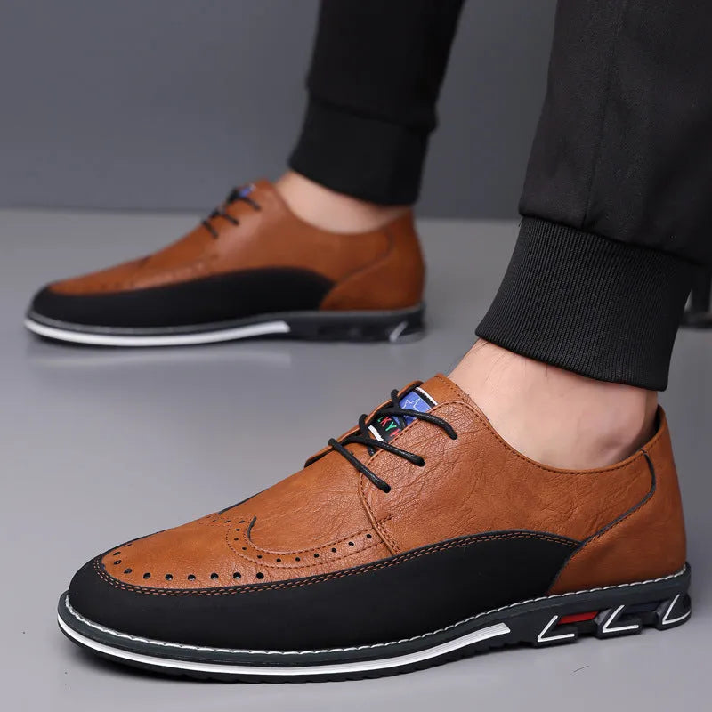 Men's leather casual shoes with rubber sole in black, grey, khaki and orange colours