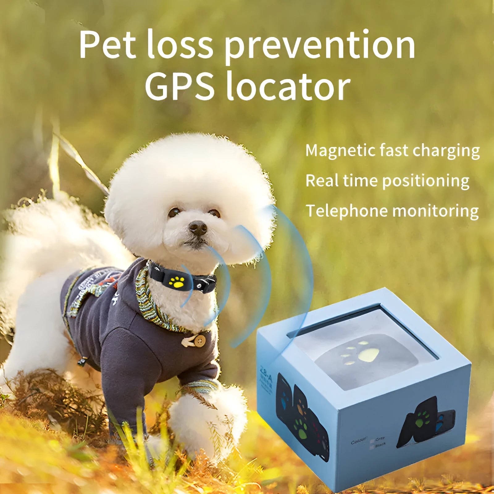 Black and yellow waterproof GPS pet tracker showing compact dimensions next to a dog collar.