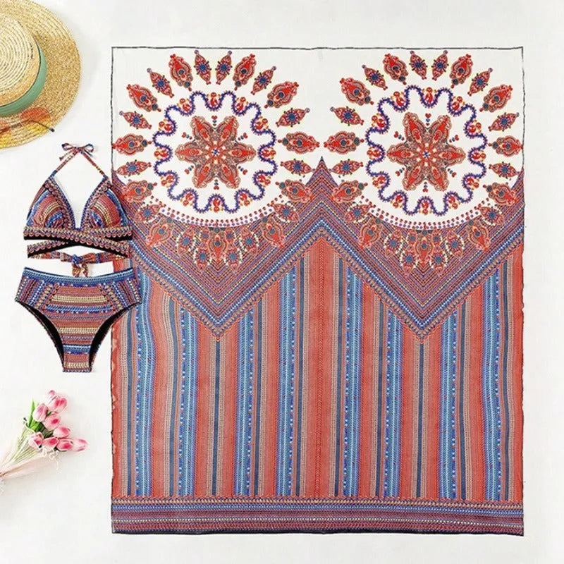Women's three-piece swimsuit set showing high-waist briefs, a cutout blouse, and a matching coat in polyester.