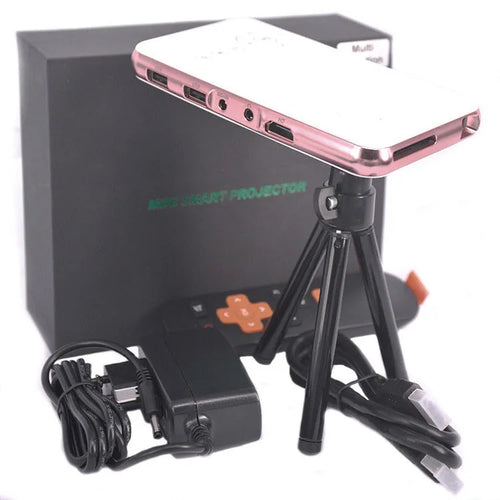 White and rose gold M6S miniature portable Android smart DLP projector on a surface.