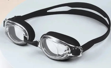 Black swimming goggles with corrective lenses next to a protective case.