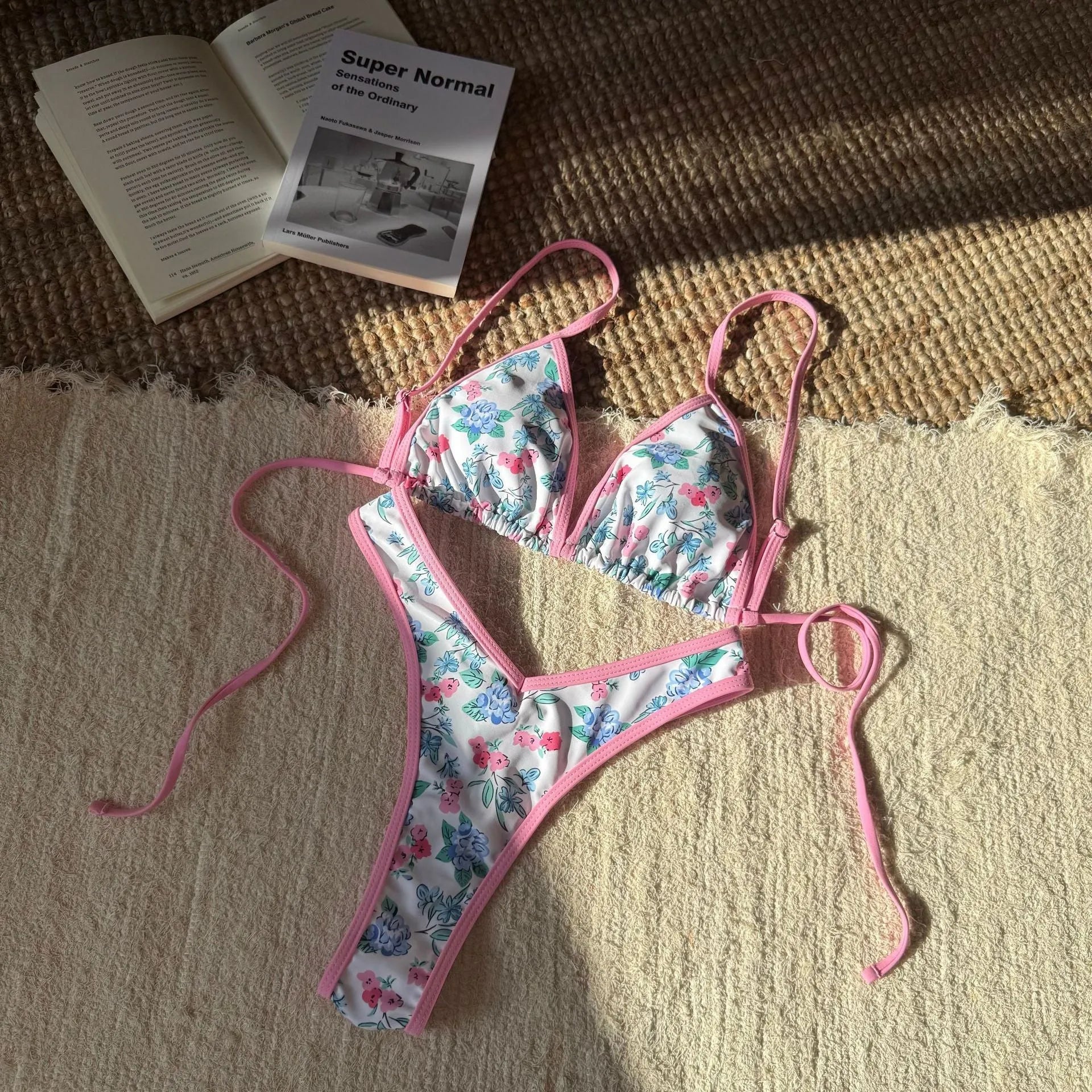 Women's split design printed bikini set in leopard and floral patterns, polyester fabric, sizes S to L