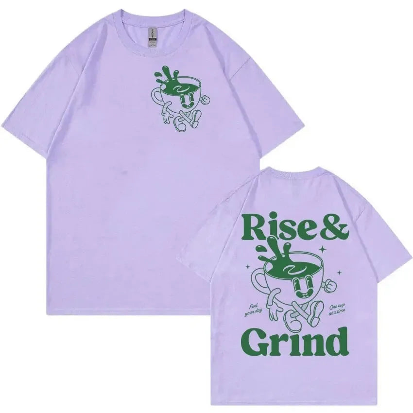 Men's loose fit black t-shirt featuring a green 'Rise and Grind Green Coffee' cartoon graphic print.