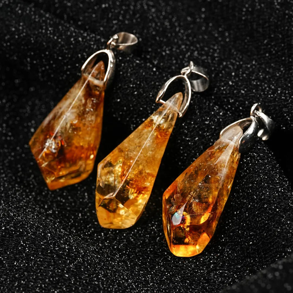 Natural citrine cluster pendant necklace with polished yellow tower crystal geometric drop on leather rope