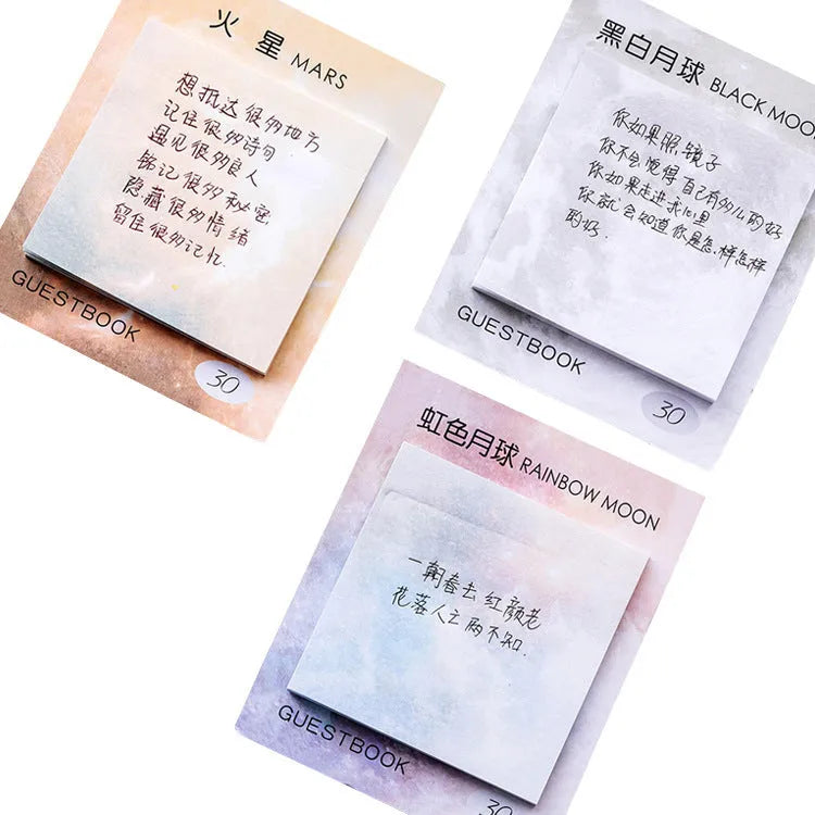 Square planet artwork sticky notes notepad showing 7.3cm dimensions and oil painting celestial designs