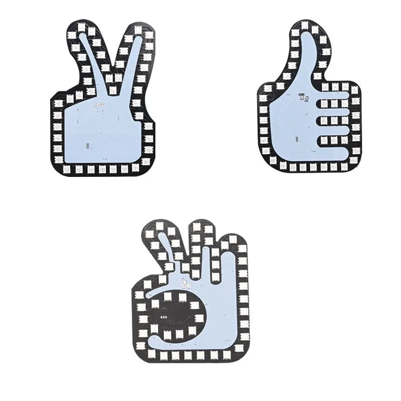 Car USB plug finger gesture light showing thumbs up, OK sign, and scissor hand controls with yellow and RGB LED colours