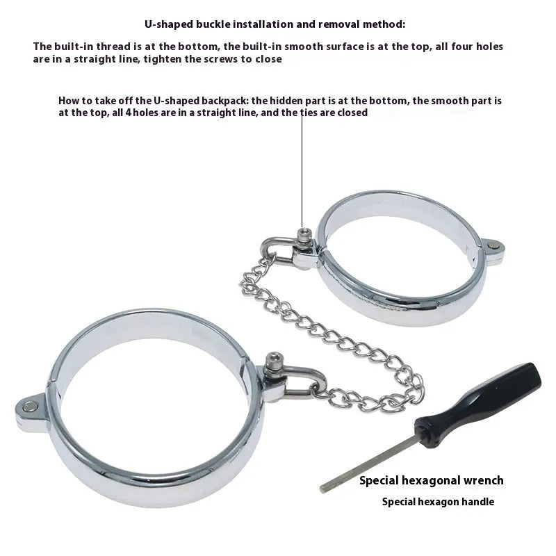 Polished silver handcuffs and footcuffs set with stainless steel components for adult role play accessories