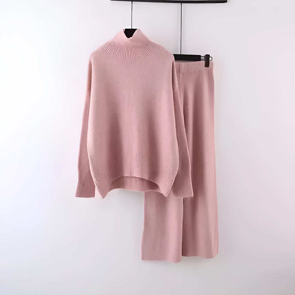 Women's casual two-piece set featuring a long-sleeve sweater and wide-leg trousers in a solid colour.