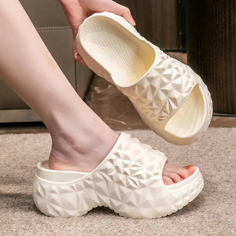 High heel Eva slippers with thick sole in khaki, black or white colours, showing flip-flop style design