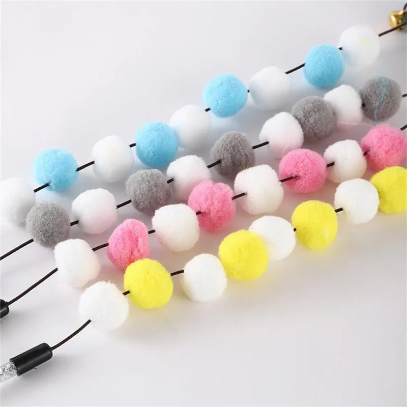 31cm long cat teaser stick wand with bell and colourful feather pompon attachments