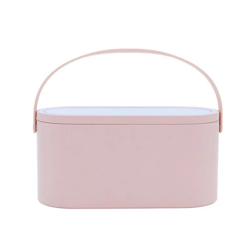 Portable LED light storage box beauty mirror with aluminium reflective surface and storage compartments