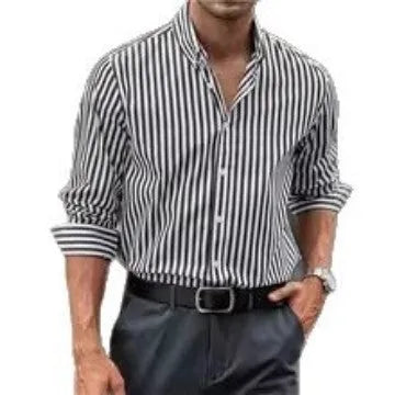 Men's loose casual striped button shirt in polyester fabric for spring autumn wear