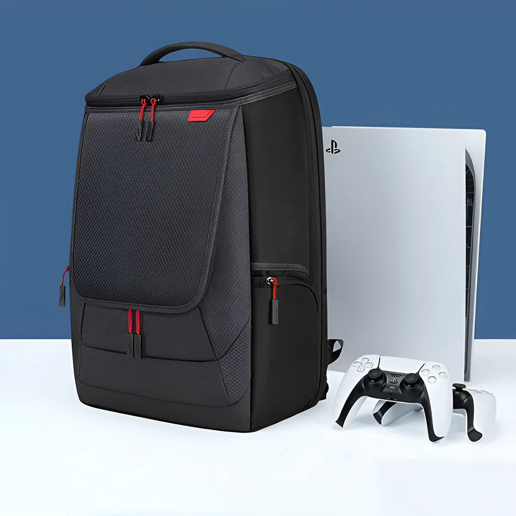Black nylon game console storage bag for PS5 and kits, 49x33x24cm, sewn seams