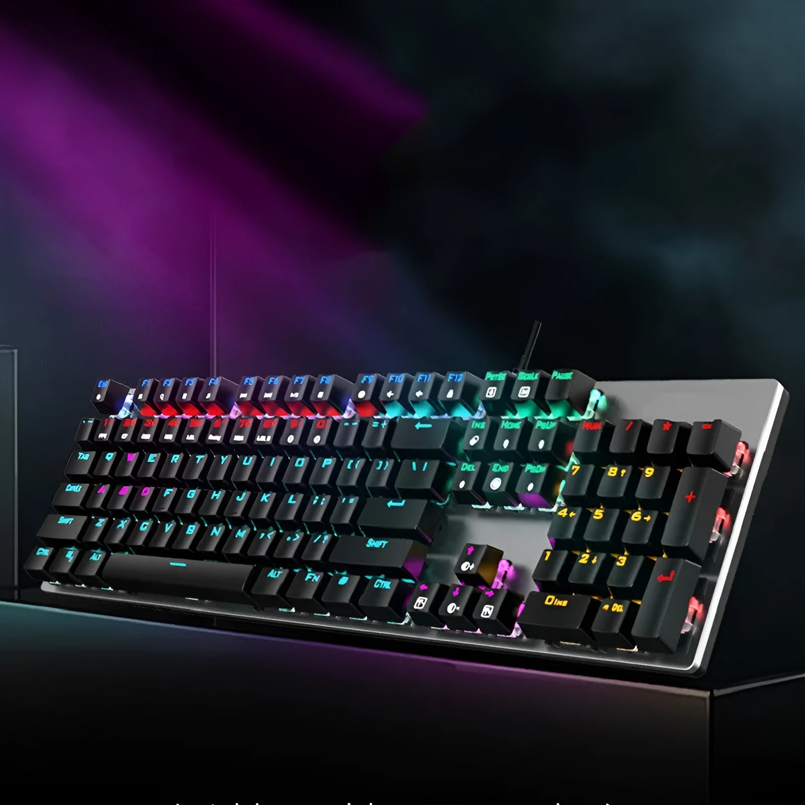 AOC GK410 mechanical keyboard with metal case and backlit keys on a desk.