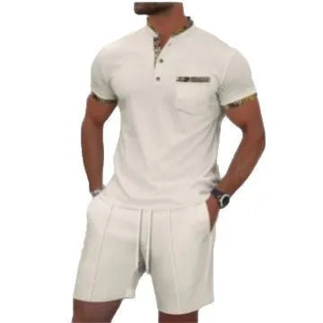 Men's grey waffle texture zip-front polo collar short sleeve suit with matching shorts