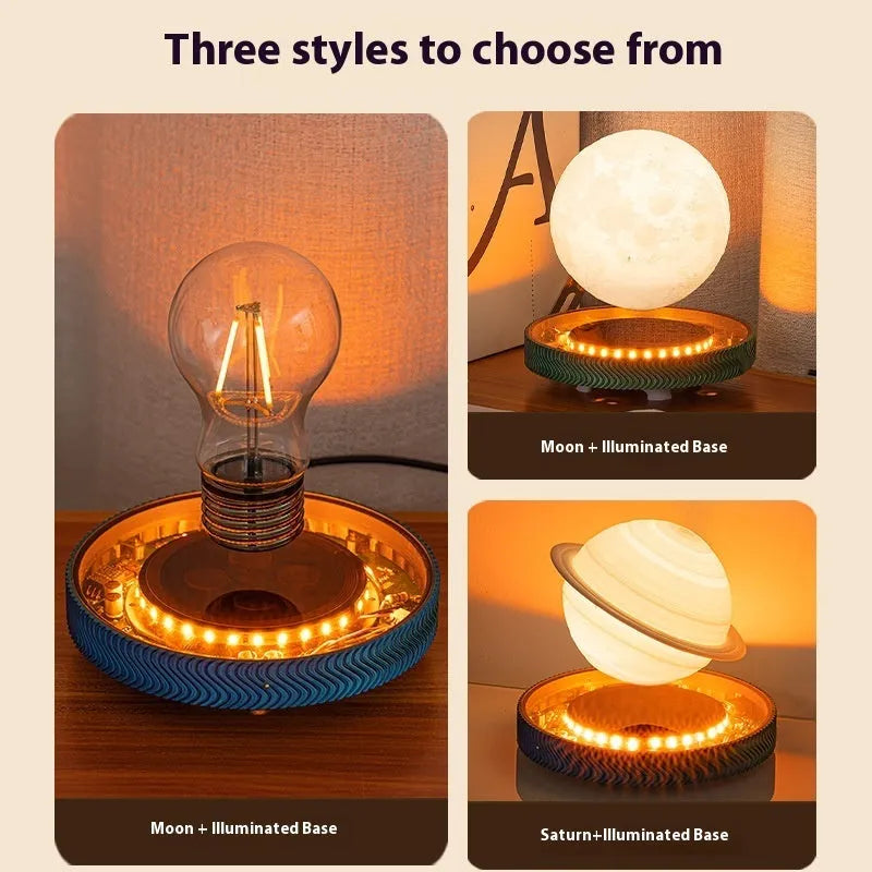 Magnetic suspension moon night lamp with 3D printed modern design on shelf