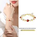 Sterling silver double-layer bracelet with red bean freshwater pearls and geometric bean charms in new Chinese style