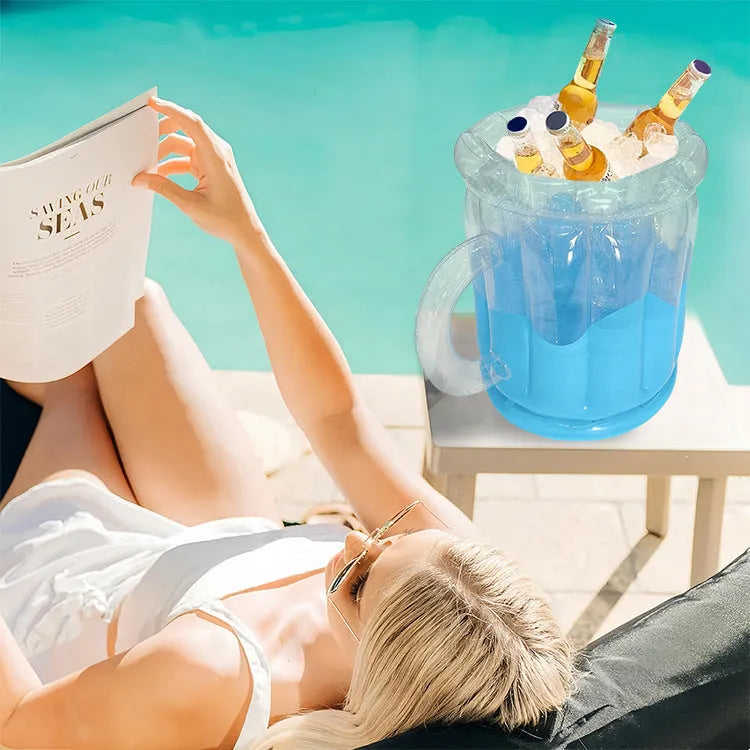 Yellow inflatable PVC ice bucket for outdoor parties and portable drink cooling.