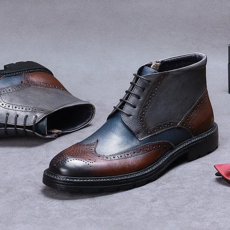 Men's curry blue leather brogue boots with front lacing and a low square heel