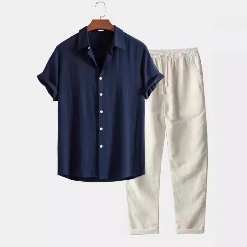 Men's casual linen-style shirt and trousers set in loose fit with short sleeves