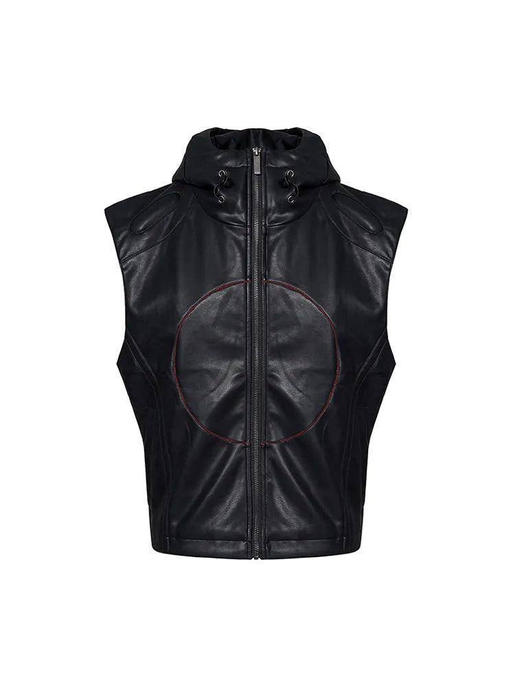 Black men's PU leather waistcoat coat with hooded collar and five-pointed star motifs