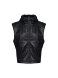 Black men's PU leather waistcoat coat with hooded collar and five-pointed star motifs
