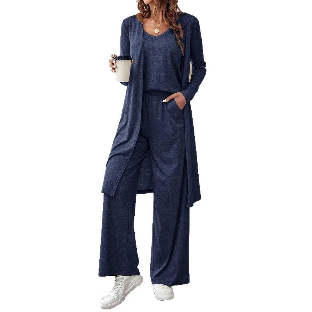 Blue polyester women's casual three-piece suit with sling top, cardigan and trousers