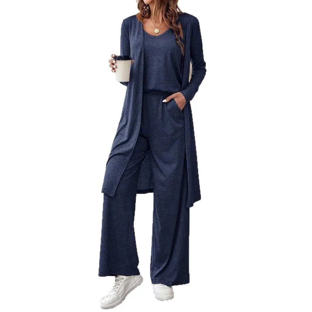 Blue polyester women's casual three-piece suit with sling top, cardigan and trousers
