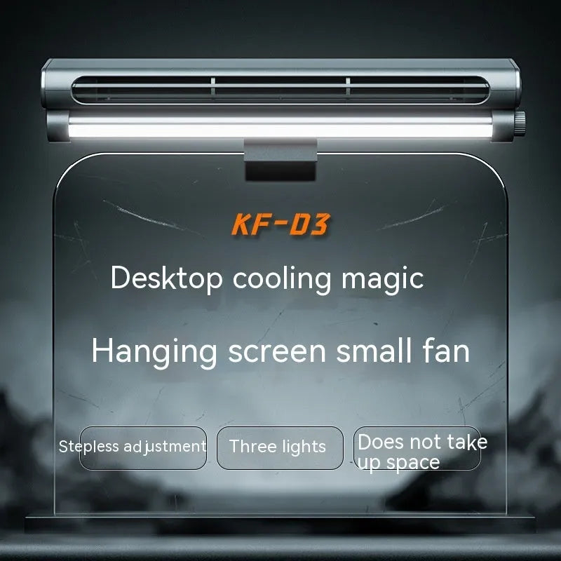 Black clip-on bladeless fan with integrated light attached to a laptop screen.