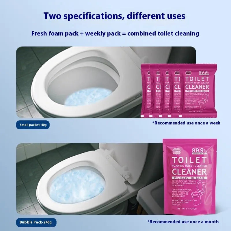 Box and sachets of effervescent toilet bubble powder cleaner in blue and pink variants.