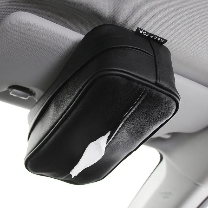 Black PU leather hanging storage box with hook for car or home organisation