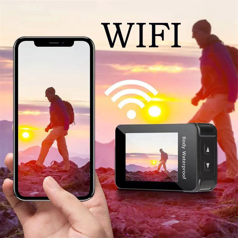 Black outdoor sports action camera with wide-angle lens showing 170° marking and touchscreen.
