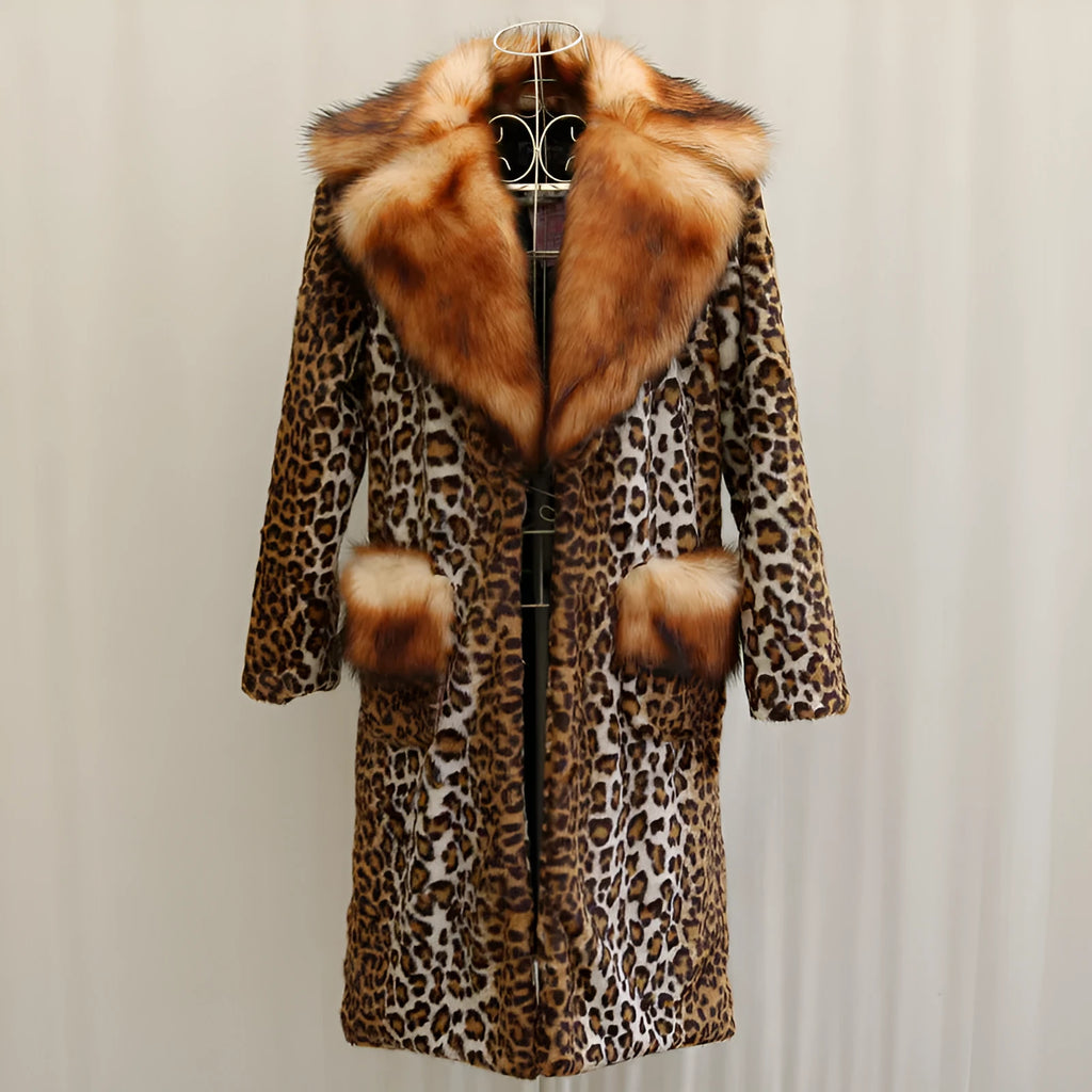 Long women's leopard print faux fur jacket with regular sleeves on a model.