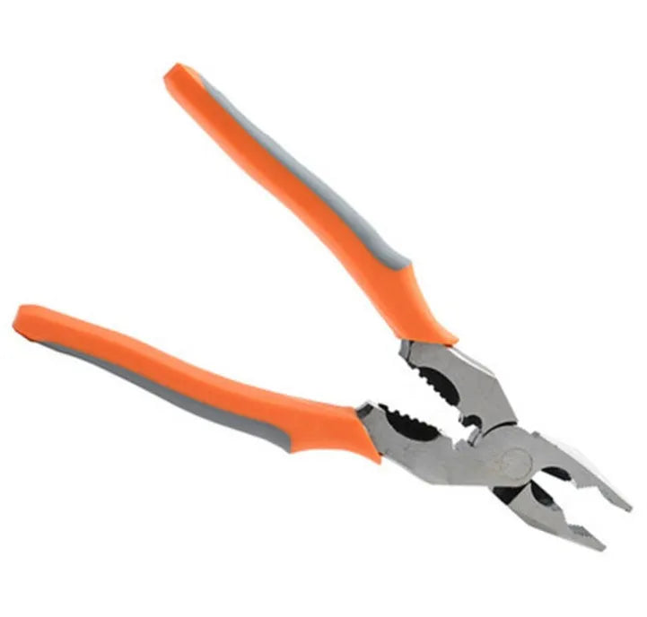 Orange-handled multi-function wire cutter pliers with chrome steel clamp head on a work surface