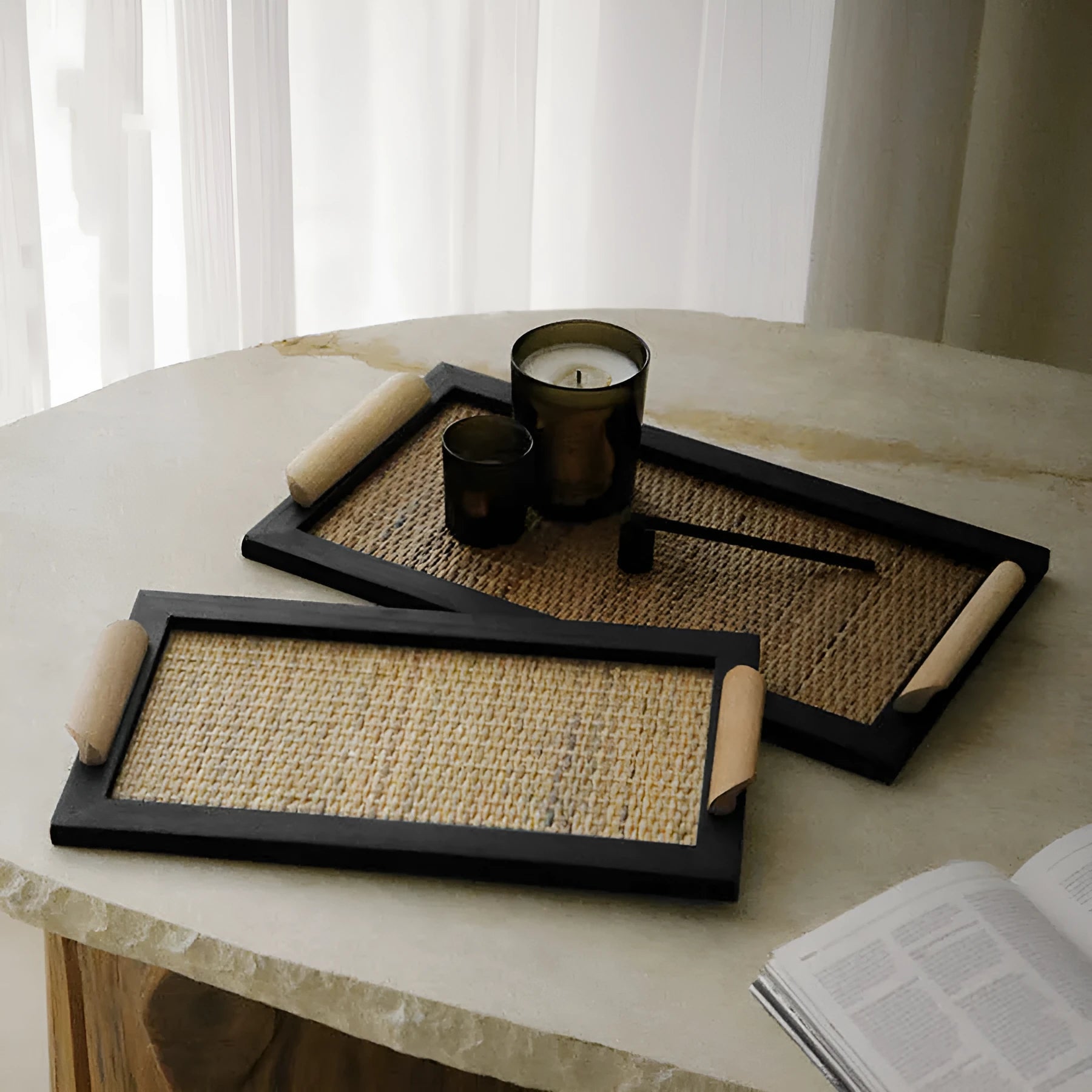 Pine wood dining tray with a serving compartment, shown in large and small size options.