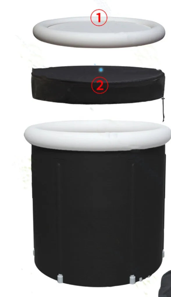 Black portable PVC ice bath with all-weather lid and included air pump accessories